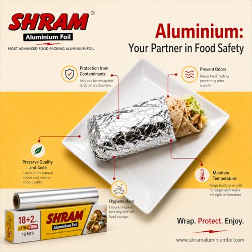 Image of Aluminium Foil 18 Meter + 2 Meter Free | 11 Micron Food Grade Kitchen Foil Roll | Safe Paper Zigzag Cutter | Multipurpose Foil for Home, Hotel & Restaurant Use | Baking, Grilling & Food Wrapping