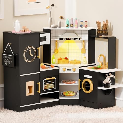 BIERUM Play Kitchen with Real Lights & Sounds - Coner Wooden Kitchen Playsets, Toy Kitchen with 28 Pcs Toy Food & Cookware Accessories, Gift for Boys & Girls Ages 3+