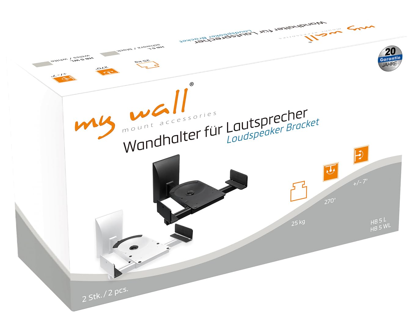 mywall HB5L HB 5L Staffa da parete per altoparlante inclinabile regolabile+girevole senza attrezzi 25kg Nero 1 paio