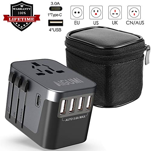 AIGUMI Adaptateur de Voyage Universel, Chargeur Voyage Adaptateur Prise Anglaise 4 Ports USB et 3A Type-C AC Adaptateur de Voyage International, Adaptateur Prise Universel pour UK/US/AUS/EU (Gris)