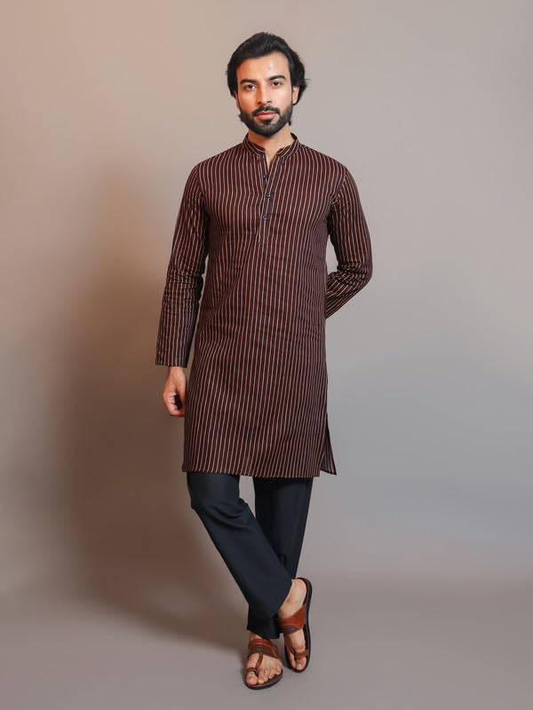 Image of Vastraa Fusion Men's Printed Kurta Pure Cotton Long Kurta, Round Collar, Full Sleeves, Button Kurta, Ethnic Wear