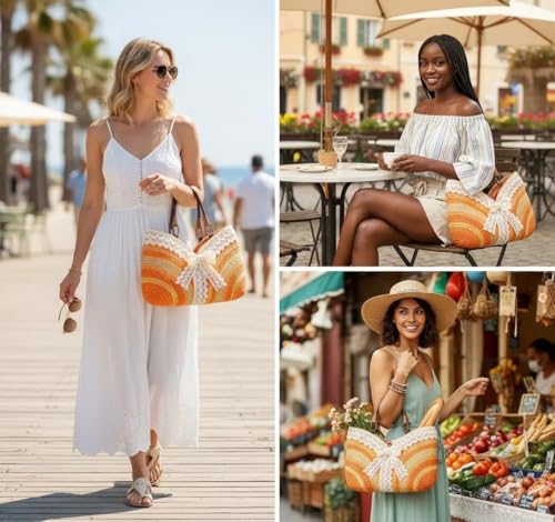 Bolso playero de paja con lazo de encaje para mujer miniatura 6