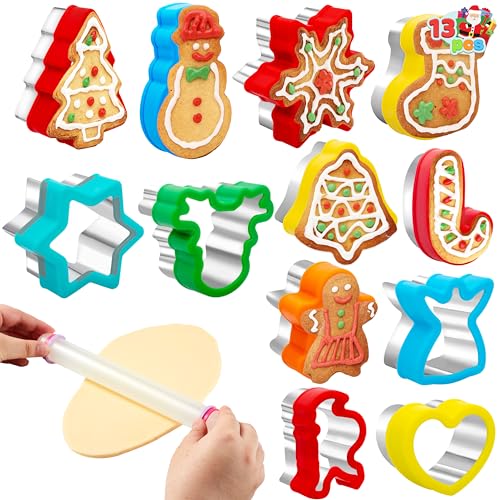 JOYIN 13PCS Christmas Cookie Cutters Set in Stainless Steel with a Rolling Pin for Xmas Holiday Party Baking Supplies, Gingerbread Men, Socks, Christmas Tree, Snowflake, Candy Cane for Baking