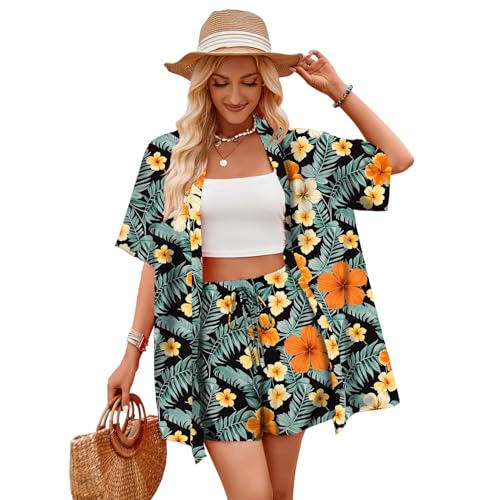 Joyesplay Camisa hawaiana y traje hawaiano para mujer, manga corta y pantalones cortos, Grün2., L