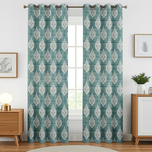 Image of Homefab India 2 Piece Polyester Printed Curtains Room Darkening Panel - Long Door 9 feet, Damask Green Curtain