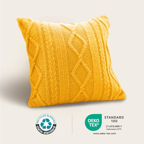 Throw Pillow Covers Set of 2 -Handknit Decorative Throw Pillow Covers,Wool Woven Cushion Covers,Chunky Yarns Couch Pillow Covers for Sofa Living Room Home Decor,Straw,16x16 Inch