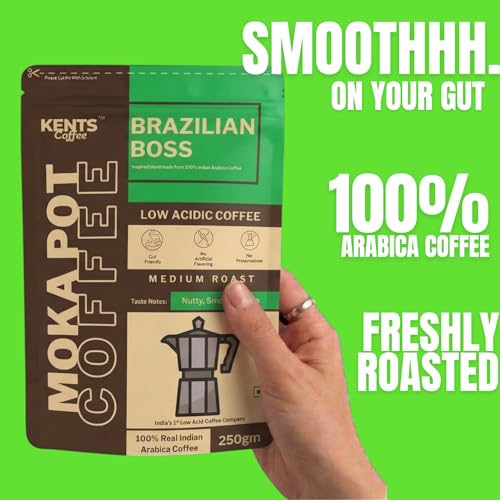 Image of Kents Coffee Brazilian Boss | LOW ACIDIC COFFEE | For Moka Pot, Drip Machine, V60 & South Indian Filter | Ground Coffee | Medium Roast, Medium-Fine Grind | 100% Arabica from Chikmagalur | Nutty, Smooth & Choco | Single Estate | Sundried Arabica + Washed Arabica | Freshly Roasted Beans | 200gm