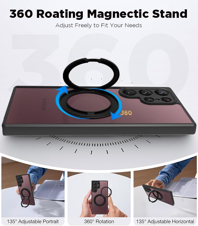 Image of RIGGEAR Shockproof Sleek Hybrid Armor 360 Rotating Magnetic Ring Stand Back Cover Case Compatible with MagSafe Accessories for Samsung Galaxy S22 Ultra (Transprent PC and Black TPU Bumper)