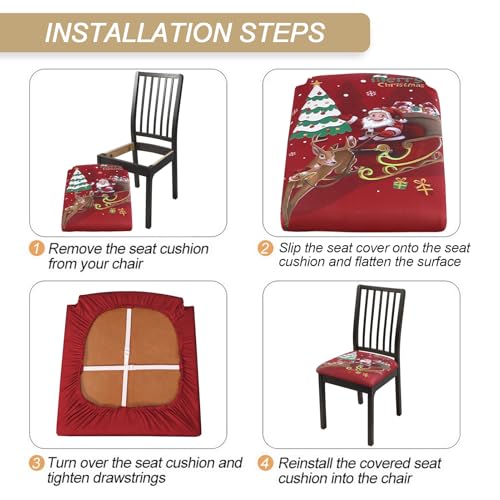 Image of SearchI 6 Pack Christmas Seat Covers for Dining Room Chairs Stretch Printed Xmas Chair Seat Covers, Removable Upholstered Chair Seat Protector for Christmas Decoration, Kitchen, Office (Santa+elk)