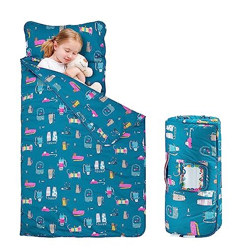 Rossison Nap Mat with Pillow and Blanket 100% Cotton with Microfiber Fill, Padded Sleeping Mat, for Daycare Preschool Toddler Prek Girls Kids (Ladylike Cat, Standard-50 x20)