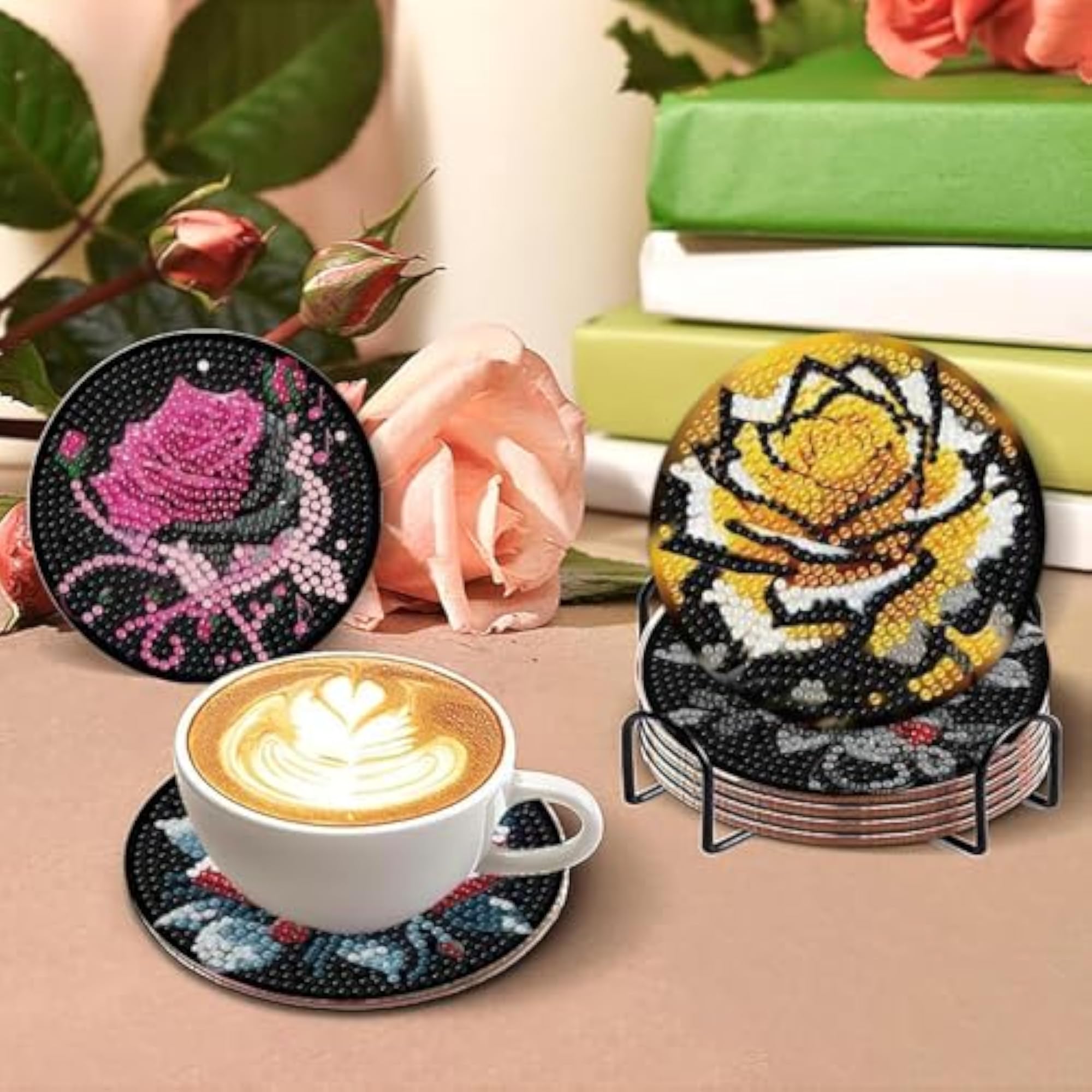 8 Pieces Coasters with Stand, DIY Diamond Painting Kits