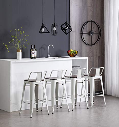 Modern Industrial Metal Bar Stool Counter Height Stools [Set of 4] Stackable Dining Chair (24\", Low Back White Wooden Seat) - Thumbnail 4