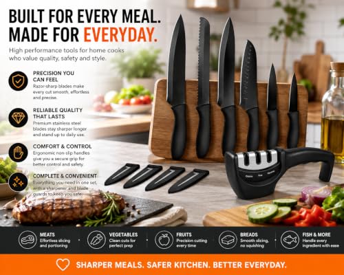 Image of 6 Pcs Kitchen Knife Set with Covers & Sharpener | Stainless Steel Black Coated Best Knives | Premium Chef Knife Set for Kitchen Use for Home & Restaurant | Professional Cooking Knife Set