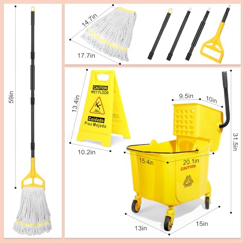 Image of 38 Qt Commercial Bucket with Side Press Wringer on Wheels, Yellow Industrial Set for Floor Cleaning, Including 1 Industrial Mop and Wet Floor Caution Sign, Beyoco