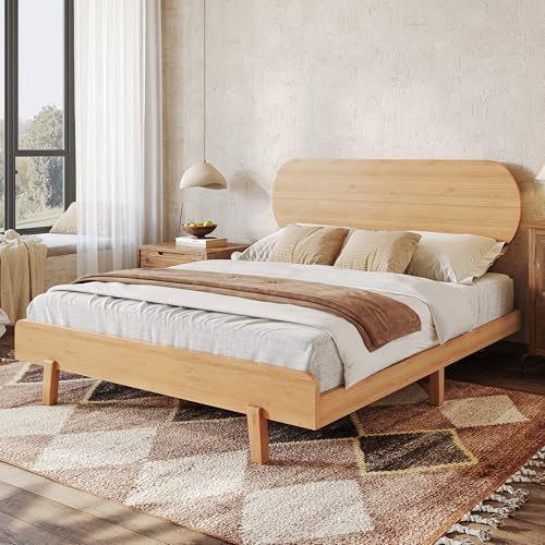 Image of Bellemave Queen Size Bamboo Bed Frame with Headboard,Bamboo Platform Bed Frame Queen Size with Rounded Headboard and Wood Slats,Easy Assembly,Natural