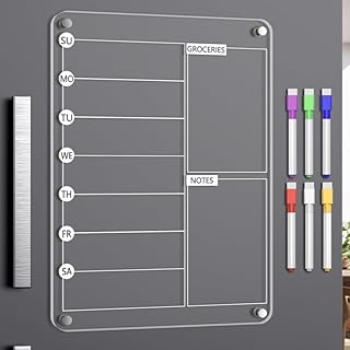 Acrylic Meal Planner Magnetic Menu Board for Kitchen Fridge, 13"x9" Clear Weekly Calendar Planning Board Noteboard Refrigerator Dry Erase Board to Do/Grocery/Shopping Lis Includes 6 Markers