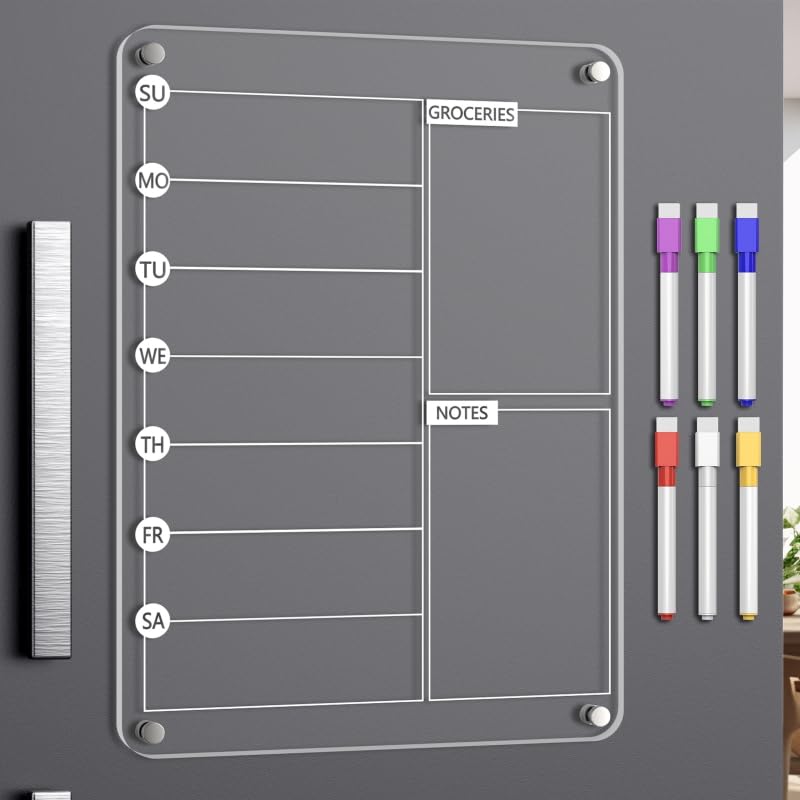 Acrylic Meal Planner Magnetic Menu Board for Kitchen Fridge, 13"x9" Clear Weekly Calendar Planning Board Noteboard Refrigerator Dry Erase Board to Do/