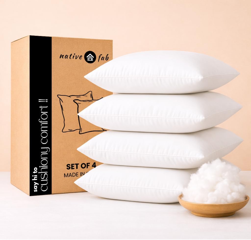 Native Fab Rectangular Lumbar Pillow Inserts, Pack of 4, 12x20 Inches, White Polyester, Supportive Decorative Cushions for Couch, Bed, Desk Chair, Back Comfort & Modern Home Décor