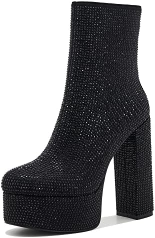 krelhia Platform Mid Calf Boots Rhinestone Boots Handmade Booties For Women With Thin Velvet Lining Winter Black 8 IN
