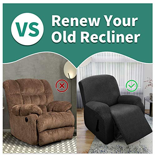 Image of YEMYHOM 4 Pieces Oversized Stretch Recliner Slipcover Jacquard Large Recliner Chair Cover with Side Pocket Anti-Slip Fitted Furniture Protector with Elastic Bottom (X-Large Recliner, Black)