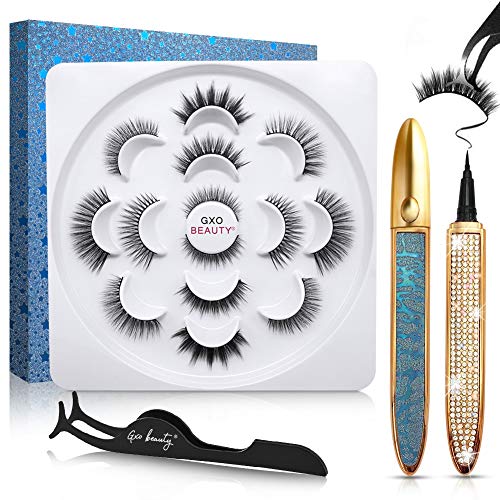 Without Magnetic Eyelashes with Eyeliner Set, Reusable 3D False Lashes Natural Looking and Self Adhesive Eye Liner, Easy to Apply Eyelash with Eyeliners Kit