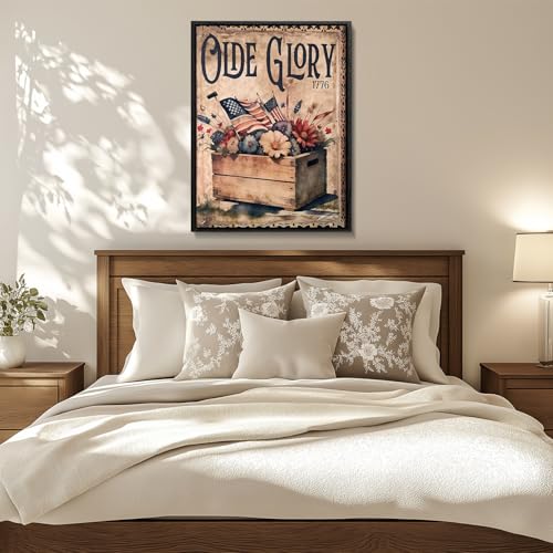 Image of American Flag Framed Canvas Wall Art, 4th of July Floral Canvas Prints, 1776 American Flag Patriotic Decorations, Vintage Independence Day Wall Decor for Bedroom Living Room Dining Room Office 6x8