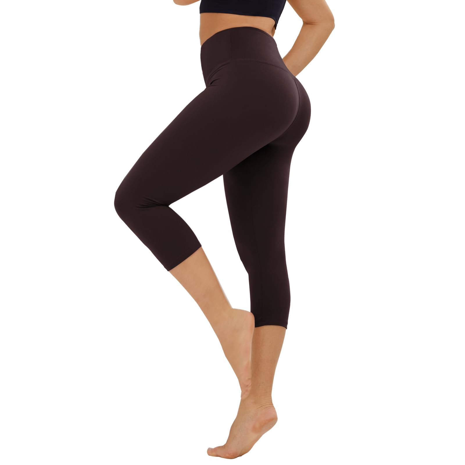 High Waisted Leggings for Women - No See Through Tummy Novelty Workout Yoga Pants with Pockets Reg &amp; Plus A-Brown