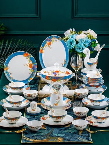 Zestaw zastawy stołowej z porcelany kostnej, 60 sztuk dla 10-12 osób, kwiatowy wzór granatu, europejski wzór pałacowy, wysokiej jakości przybory kuchenne, zastawa stołowa gotowa na prezent