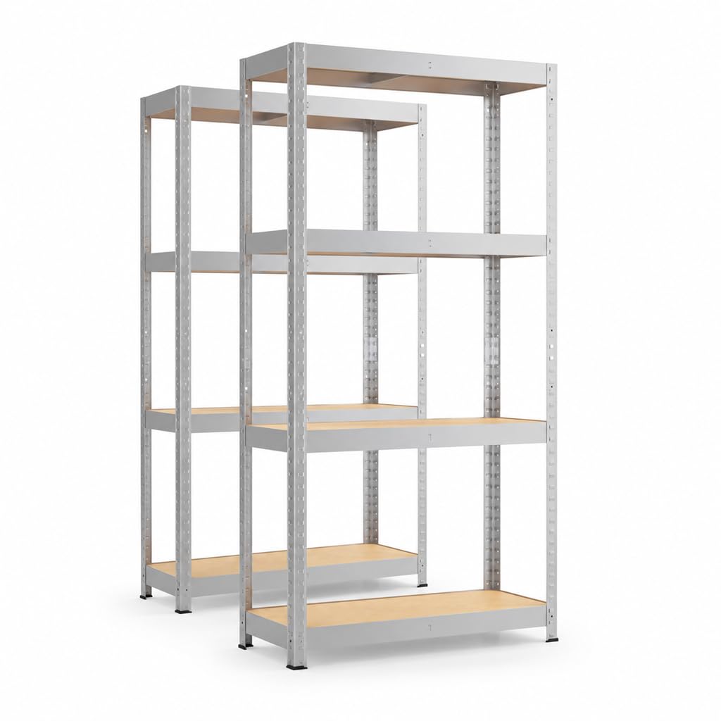 Kreher XL Schwerlastregal 75 x 30 x 150 cm – Metallregal mit 4 MDF-Böden – bis 100 kg je Boden – Steckregal werkzeuglos montierbar – Lagerregal für Keller, Garage & Werkstatt – Verzinkt (2er Set)