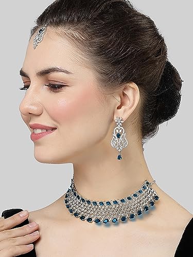 Image of Karatcart Light Green American Diamond Silver Plated Choker Necklace Set for Women