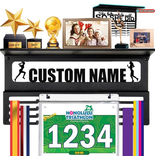 Image of Personalized Medal Holder with Name Display Rack for Awards Ribbons - Metal Custom Sports Race Plaques Hanger for Wall Mount Hold Up 63 Medal Hanger Display for Athlete Boy Girl Kid