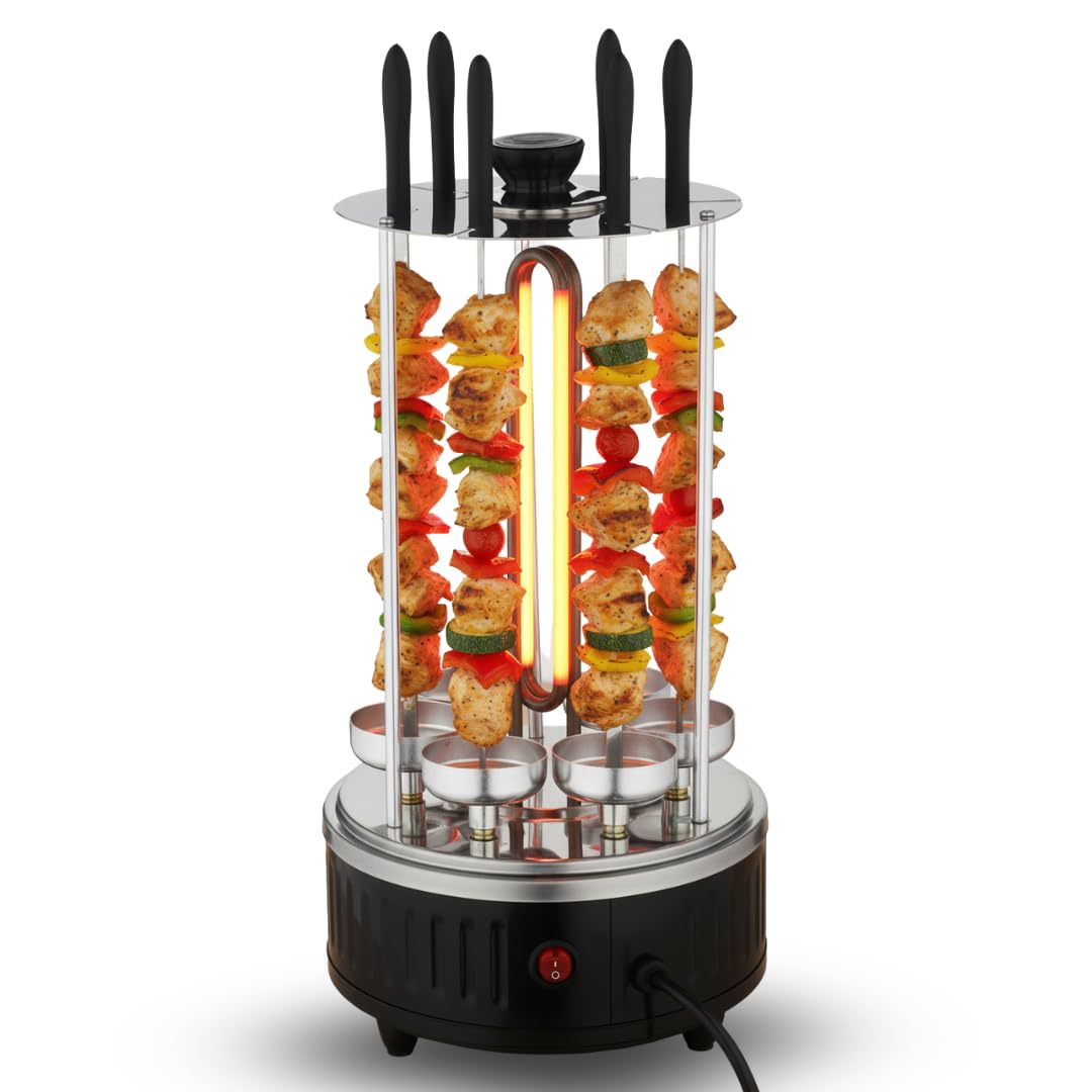 Chef-o-Matic Vertical Grill 360° Rotisserie – 1000W Smokeless Indoor Electric BBQ, 6 Skewers Kebab Machine, Automatic Rotation, No Oil Needed, Stainless Steel Housing