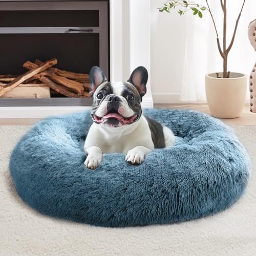 Image of JOLLYVOGUE Calming Dog Bed Medium Size Dog, 31in Donut Washable Medium Pet Bed, Anti-Slip & Anti-Anxiety Fluffy Faux Fur Round Dogs Bed, Fits up to 45 lbs Pets (Blue)