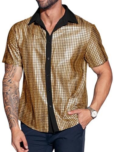 Runcati Camisa de manga curta para homem dos anos 70, camisas vintage com lantejoulas, fantasia de discoteca, Amarelo