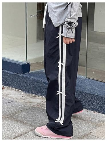 Verdusa Girl's Bow Striped Sweatpants Drawstring Waist Wide Leg Workout Sports Loose Trousers2