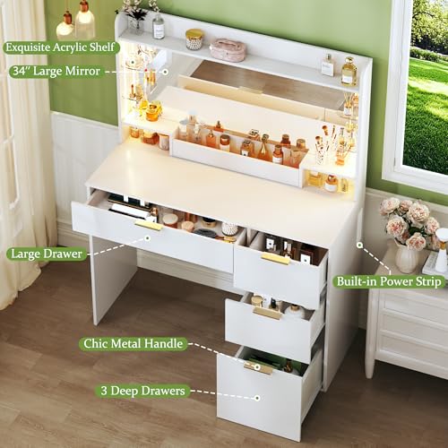 Image of HUAHUU Vanity Desk with Mirror and Lights, Makeup Vanity with Lights, 3 Color Lighting Modes, Vanity Desk with Large Mirror & 4 Storage Drawers & Acrylic Shelves for Bedroom, White