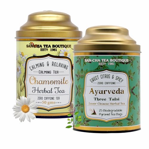 Image of Sancha Tea Boutique, Tea Combo Pack: Chamomile Herbal Tisane (50g) & Tulsi Herbal Tisane (25 Pyramid Bags), Ayurveda Blends, Caffeine Free Tisanes