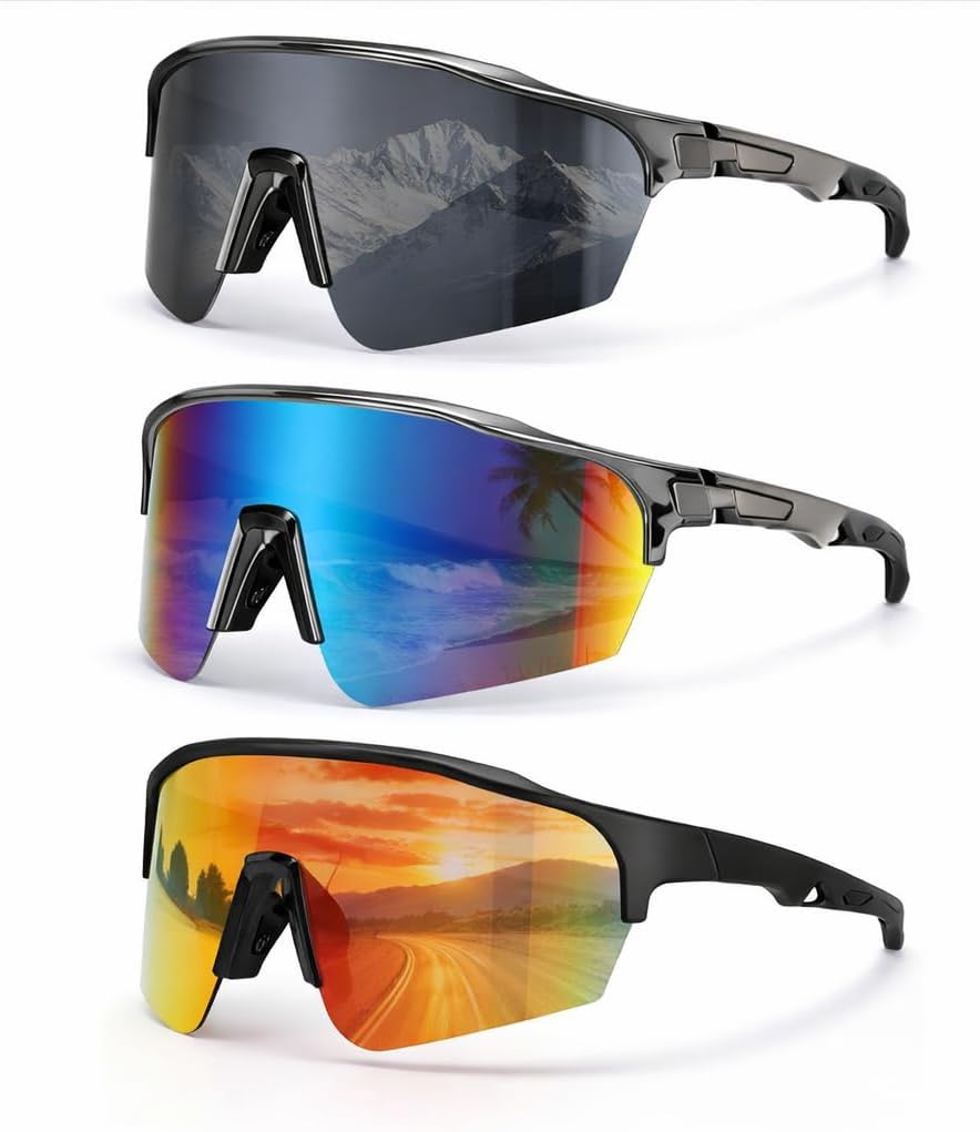 JATEBI 3 Pack Baseball Sunglasses for Men, UV400 Protection Sun Glasses | Featherlight Comfort, Wrap Around Design, Reinforced Hinges Robust Frame for Running, Cycling, Sports, Fishing