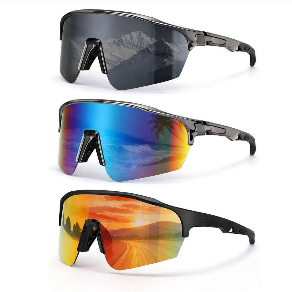JATEBI Baseball-Sonnenbrille für Herren, UV400-Schutz, leichte Sonnenbrille, zum Laufen, Radfahren, Sport, Angeln, 3 Stück