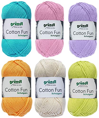 Gründl Cotton Fun Lot de 6 pelotes de fil à tricoter 50 g avec instructions détaillées pour un cochon d'Inde (mélange multicolore pastel 603)