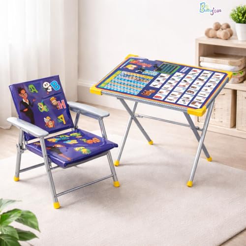 Image of Ultimate Kids Study Table and Chair Set | Foldable Metal Frame Study Desk for Kids | Portable Table Chair for Study, Homework, Drawing & Learning | Strong Children Desk (Blue)