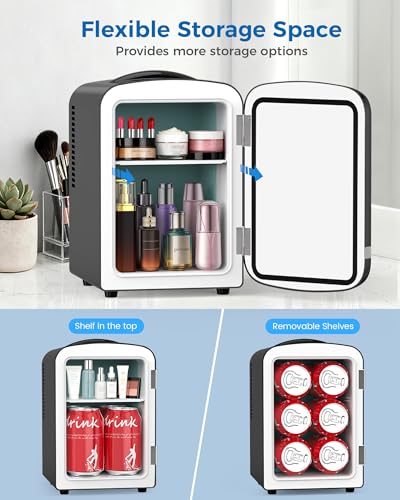 Image of Electactic Mini Fridge for Skincare, 4L /6 Cans Portable Compact Cosmetic Fridge, Retro Desktop Fridge with AC /DC Adapters, Small Cooler and Warmer for Beverage, Makeup, Bedroom, Office, Kids, Black