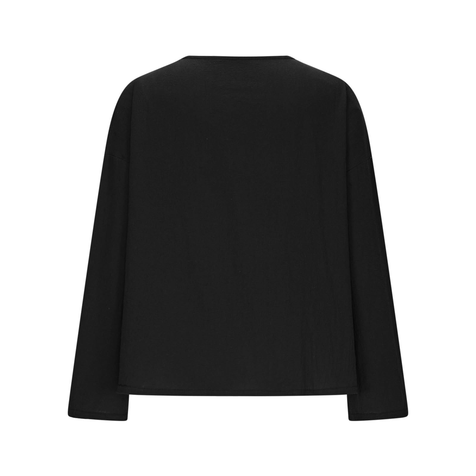 Top mujer manga larga cuello en V - Camisa mujer lino algodón camiseta cuello cruzado diseño con cordones blusa estilo retro de moda Shirt amplio cómodo Summer Tops Color sólido versátil