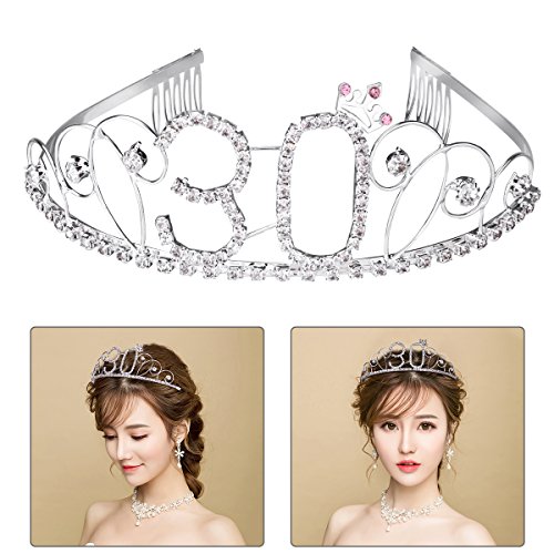 Frcolor 30th Birthday Crown Crystal Happy Birthday Tiara Crown with Comb (Silver)