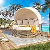 Caviresta Outdoor Patio Rattan Round Daybed with Retractable Canopy, Wicker Furniture Round Poolside Sofa Sunbed with Removable Cushions, Backyard, Porch