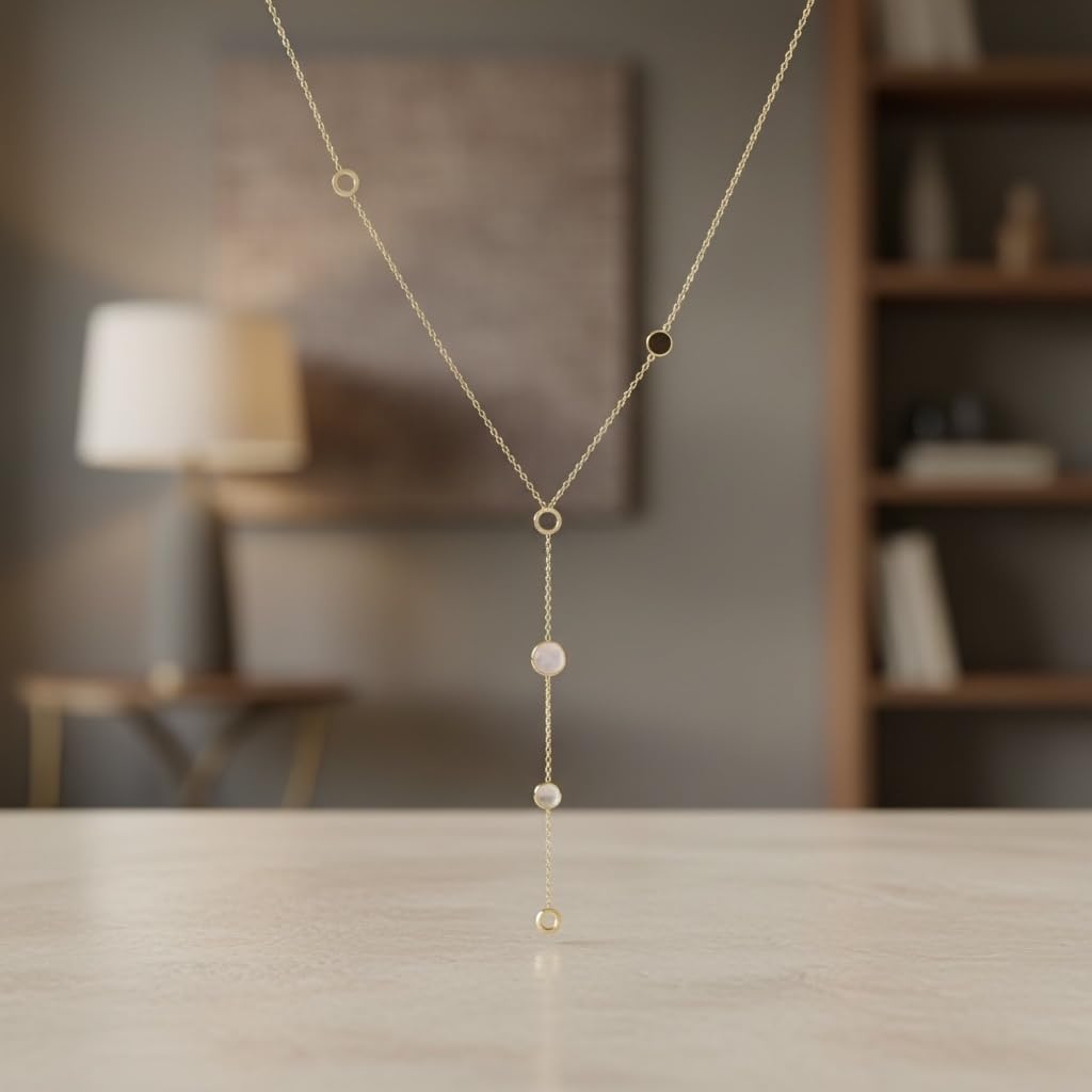 Y Necklace with Circles and Black Enamel Accents, 18K Yellow Gold Plated over Stainless Steel Chain, Tarnish Resistant, 18-Inch Length with 2-Inch Extension