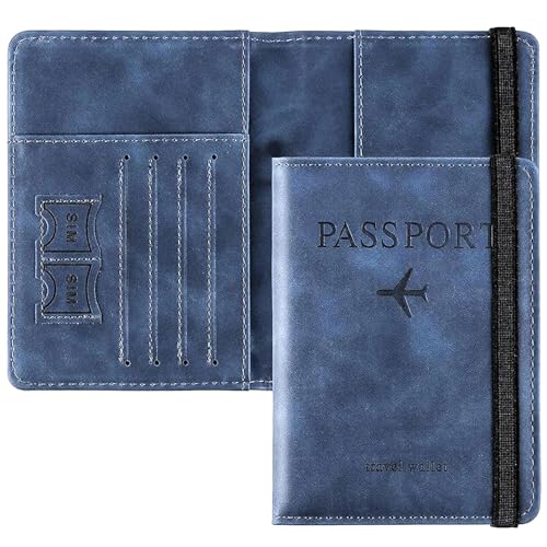 Image of PU Leather Passport Holder Travel Wallet Organiser for Men & Women | 4 Card Slots 2 SIM Slots Money Case | Travel Document Case Cover Passport Pouch Slim Unisex Gift - Blue