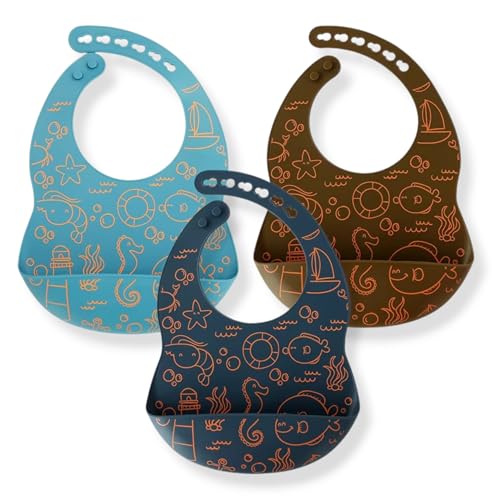 Set of 3 Silicone for Babies - Waterproof, Soft, Unisex Baby Bibs for Eating, 10-72 Months - Blue, Brown, Light Blue Silicone Bibs