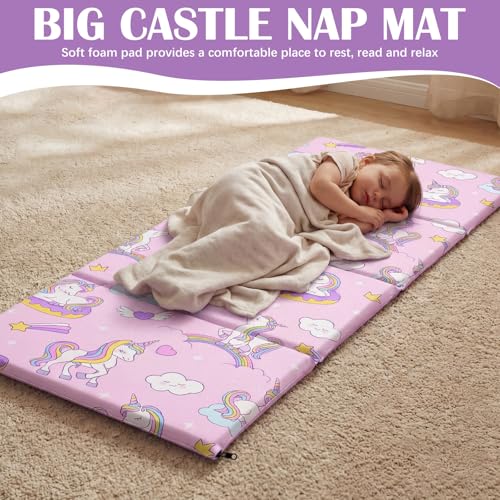 Image of Shellwei Vinyl Nap Mat Kid Preschool Daycare Sleep Mat,Cute Unicorn | 1 inch Thickness, 45 inch x 19 inch x 1 inch, 4-section Softness Rest Mat, Suitable for Daycare Travel, and Home, Easy to Clean