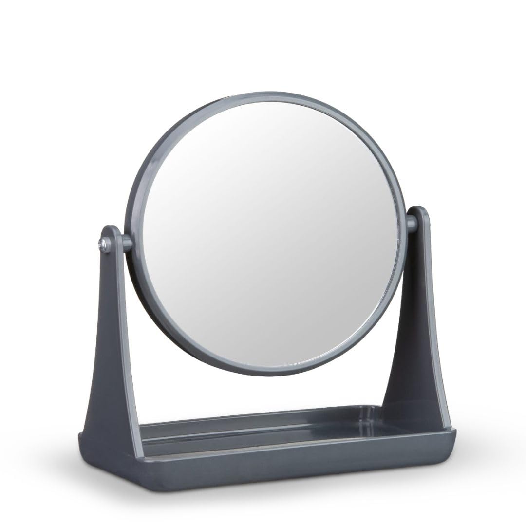 Grey Swivel Vanity Mirror with Storage Tray, 360° Adjustable Double-Sided Makeup Mirror for Bathroom, Shaving, Tweezing, and Beauty Accessories